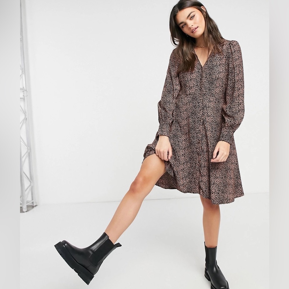 Asos y.a.s mini skater dress with v neck in brown animal leopard print